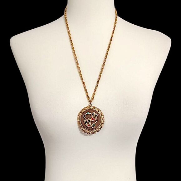 Vintage Comedy Tragedy Mask Necklace MCM Gold Tone Rhinestones Mardi Gras 70s - Picture 8 of 15